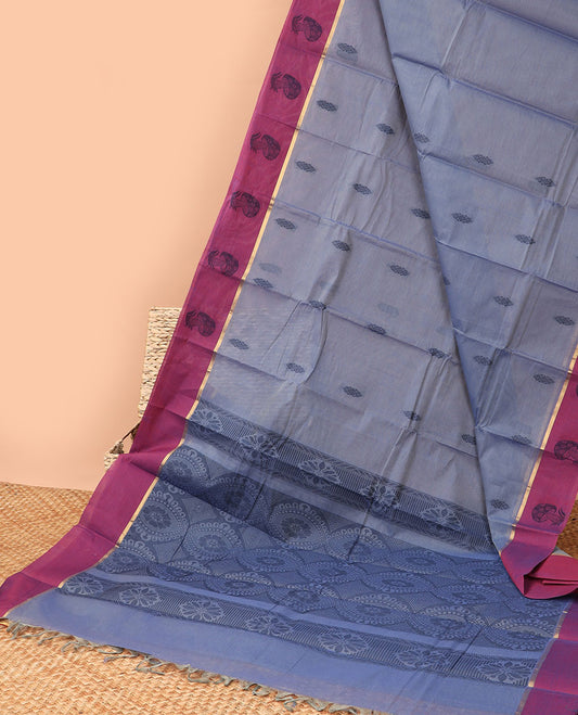 Grey floral motifs kanchi cotton saree with contrast floral design border & floral design pallu