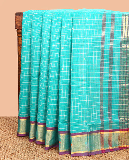 Blue Venkatagiri Cotton Saree, Detailed with Buttas and Checks on Its Body, Complemented by a Contrast Thread Border of Buttas, Striped Pallu, and Comes Without a Blouse