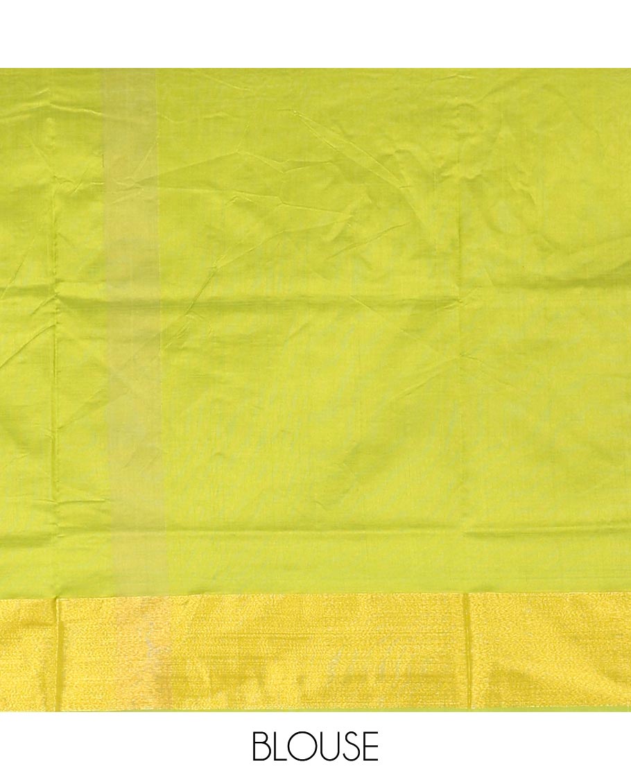 Sandal Poly Cotton Saree, Woven with Thread Buttas All Over Its Body, Complemented by a Contrast Bavanji Border, Pallu of Buttas, and Paired with a Contrast Blouse