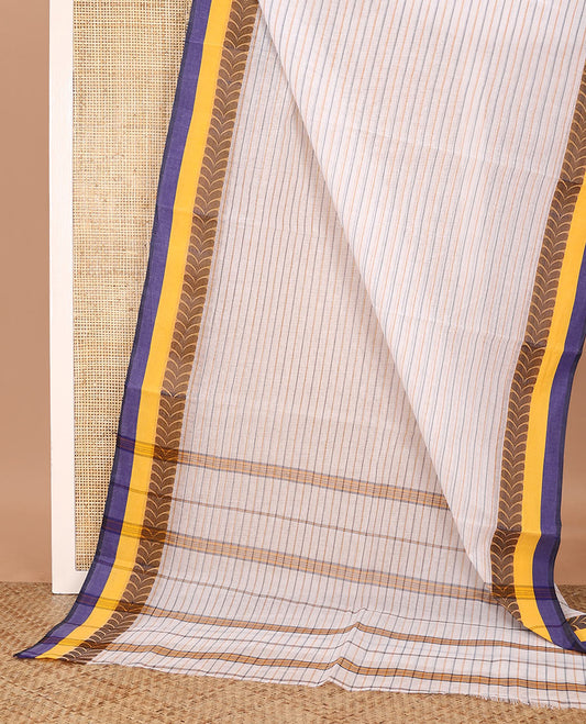 Off-white striped Bengal cotton saree, contrast border of leaf chevron designs, and striped pallu