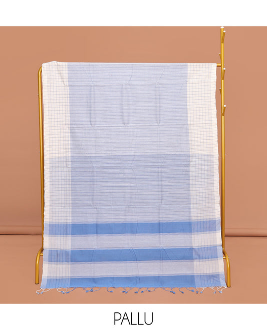 Blue Striped Mangalgiri Cotton Saree, Complemented by Contrast Checked Border, Contrast Pallu and Paired with a Contrast Blouse