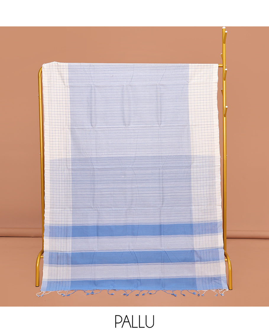 Blue Striped Mangalgiri Cotton Saree, Complemented by Contrast Checked Border, Contrast Pallu and Paired with a Contrast Blouse