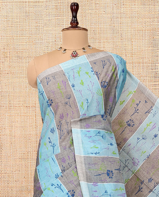 Borderless Blue-Grey Jute Cotton Saree, Steeped with Tropical Floral Print, a Subtly Striped Pallu, and a Contrast Blouse
