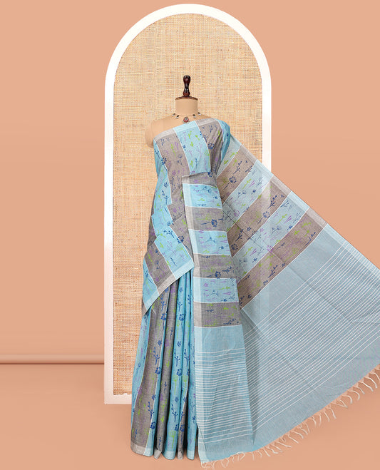 Borderless Blue-Grey Jute Cotton Saree, Steeped with Tropical Floral Print, a Subtly Striped Pallu, and a Contrast Blouse