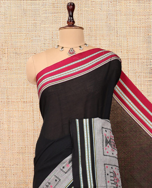 Black Plain Narayanpet Cotton Saree, Complemented by a Contrast Ganga-Jamuna Thread Border, Pallu of Stripes and Buttas, and a Matching Blouse