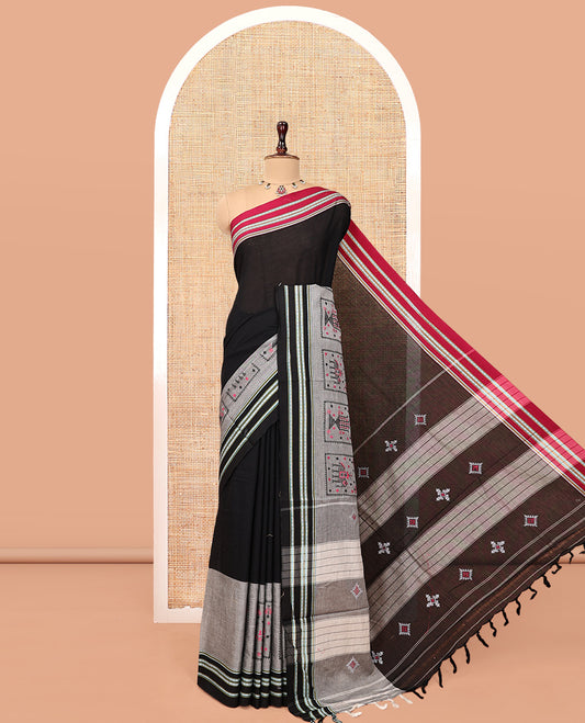 Black Plain Narayanpet Cotton Saree, Complemented by a Contrast Ganga-Jamuna Thread Border, Pallu of Stripes and Buttas, and a Matching Blouse