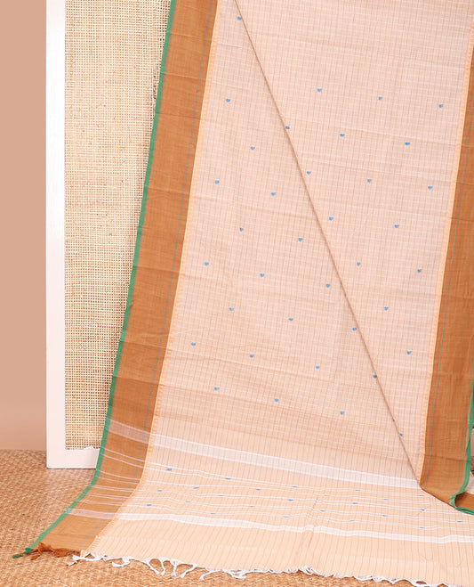Sandal checked and buttas Chettinad cotton saree, contrast border, and pallu of stripes, and buttas