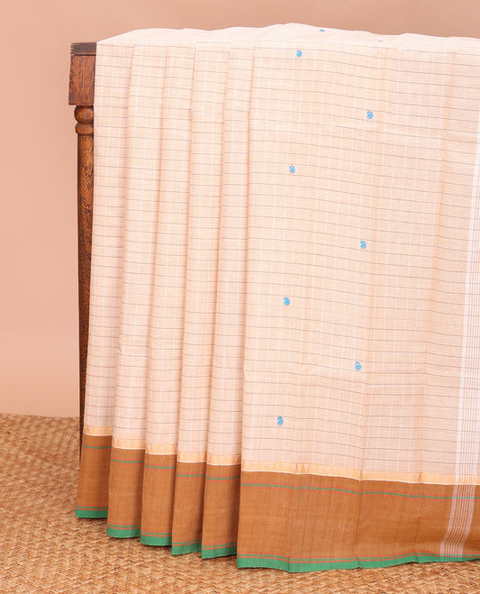 Sandal checked and buttas Chettinad cotton saree, contrast border, and pallu of stripes, and buttas