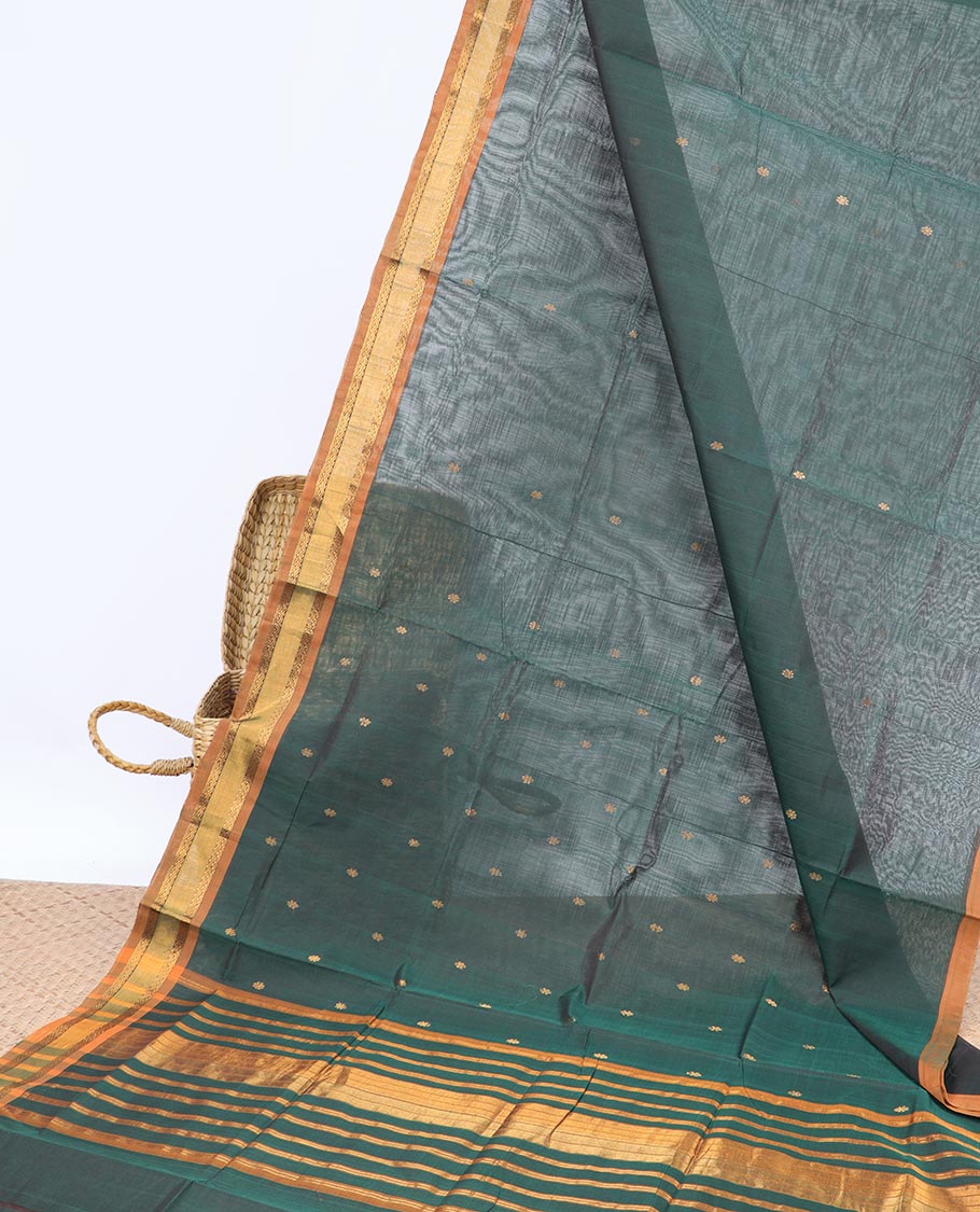 Green buttas Vengatagiri cotton saree, contrast zari border & zari designs of pallu