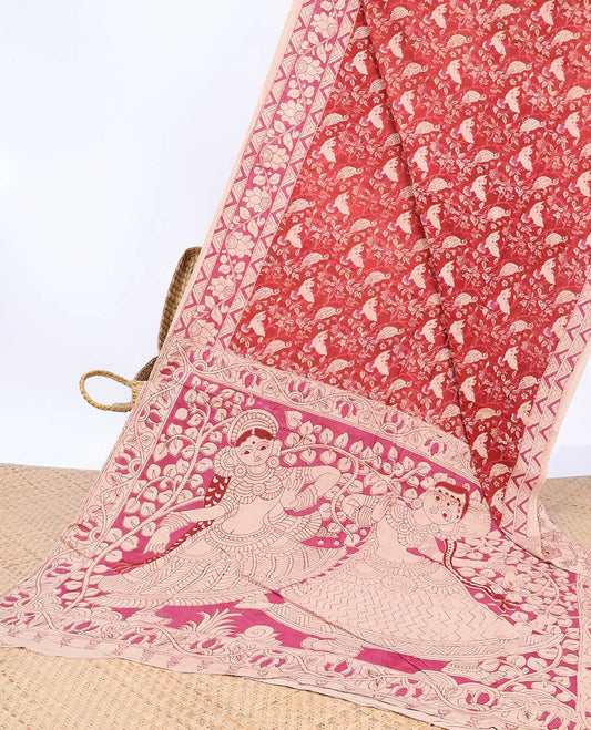 Red floral & bird machine-printed kalamkari cotton saree, floral border & human figurines pallu