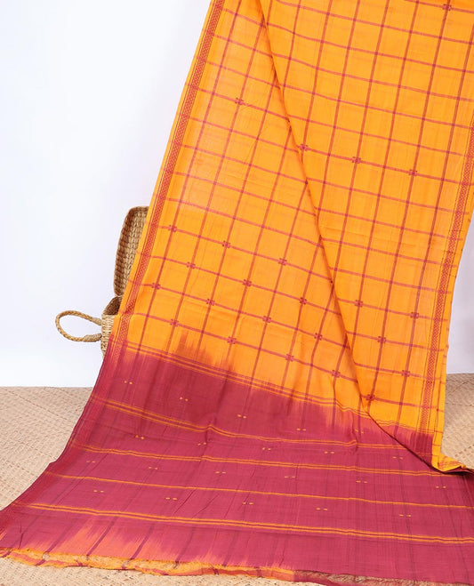 Yellow checked Andhra cotton saree, unique design border & contrast striped pallu 