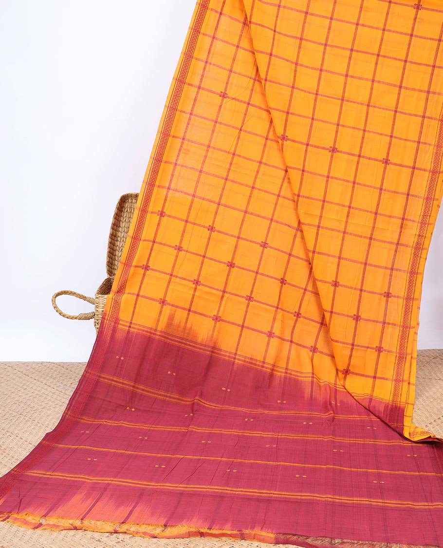 Yellow checked Andhra cotton saree, unique design border & contrast striped pallu 