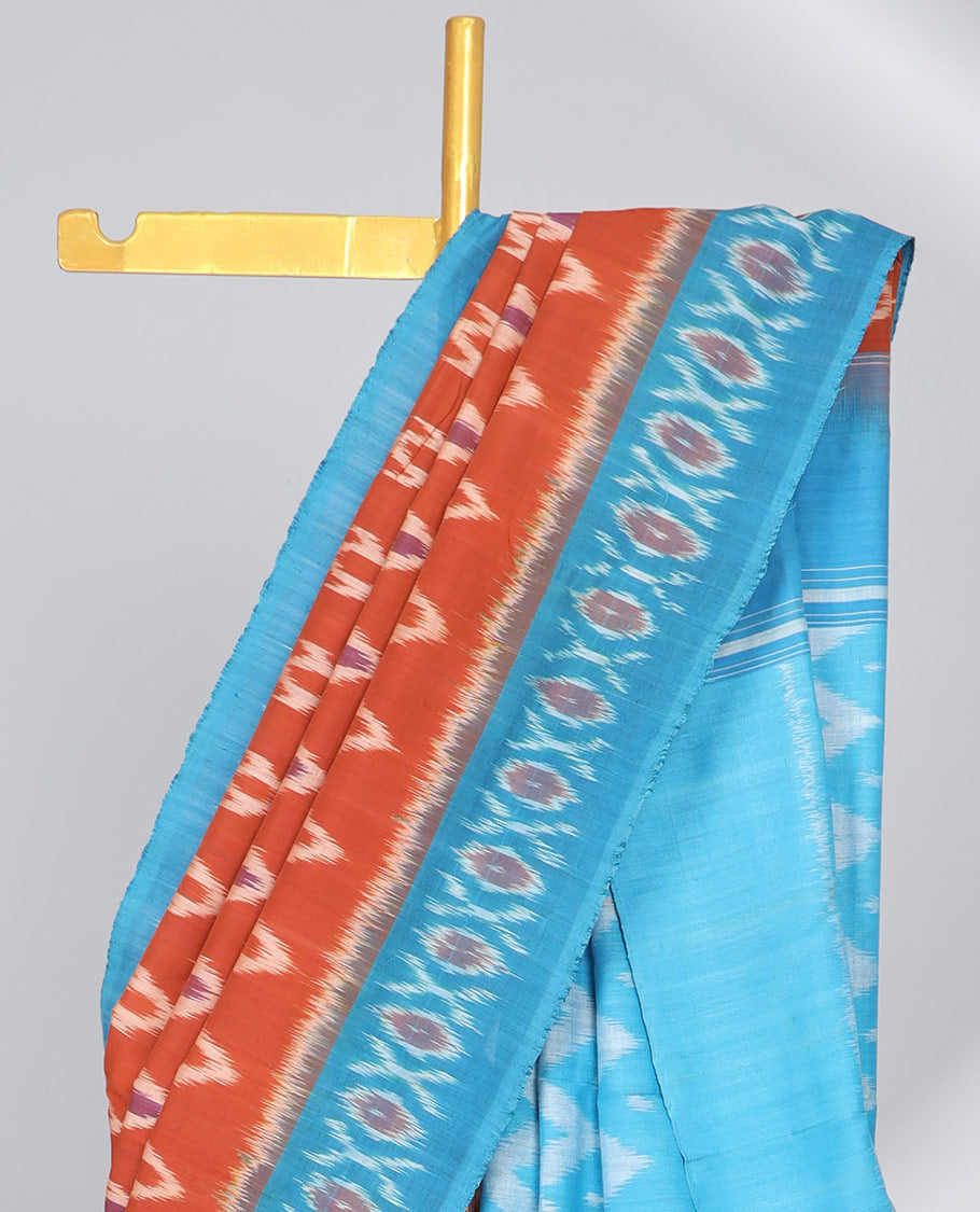 Red floral motifs ikkat cotton saree with contrast border & geometric design pallu