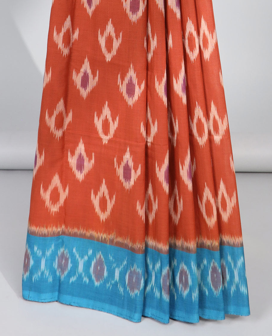 Red floral motifs ikkat cotton saree with contrast border & geometric design pallu