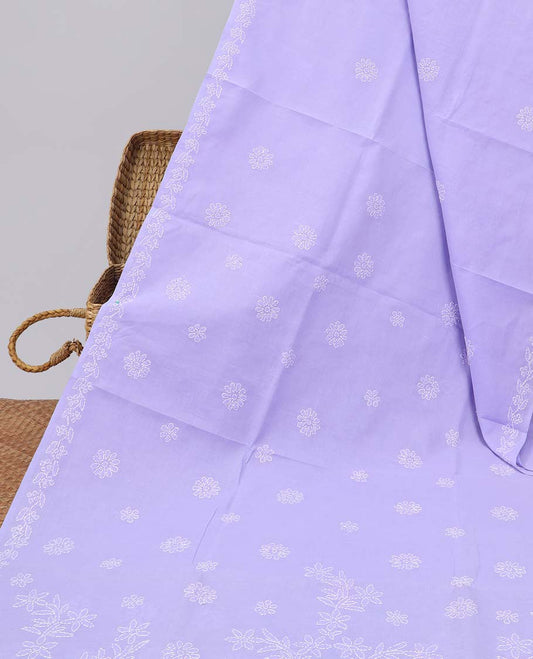 Purple all-over floral thread embroidery chikankari cotton saree with self embroidery border