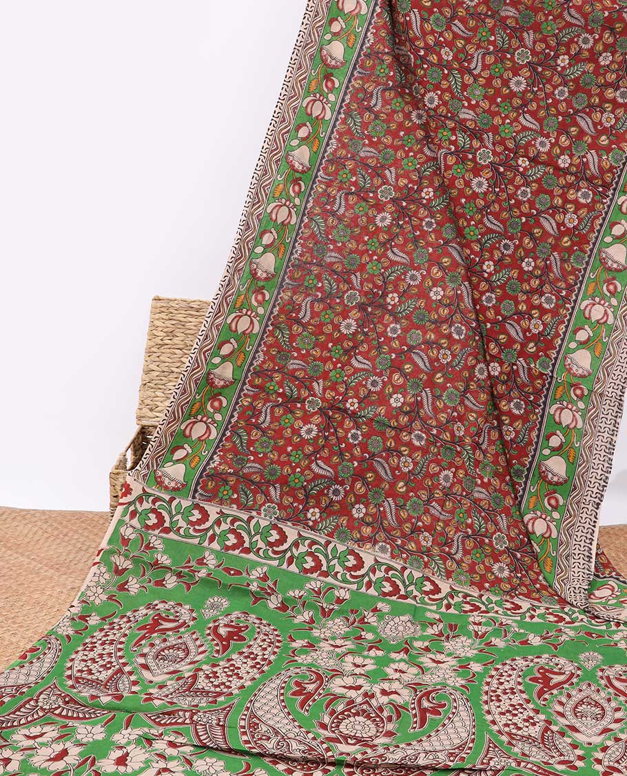 Red floral design machine-printed kalamkari cotton saree with contrast floral border & floral design pallu