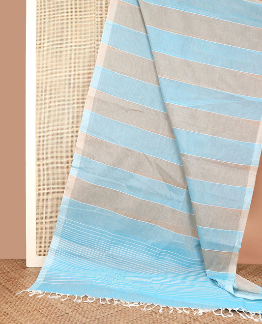 Borderless grey and blue striped jute cotton saree, striped pallu