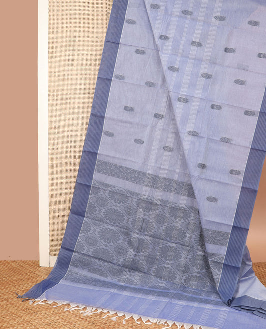 Lavender striped and buttas Kanchi cotton saree, contrast striped border, and jaal pallu