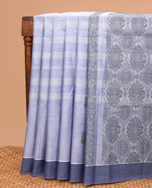 Lavender striped and buttas Kanchi cotton saree, contrast striped border, and jaal pallu