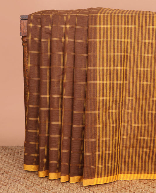 Brown Checked Mangalagiri Cotton Saree Complemented by a Contrast Plain Border, and Self-Pallu Steeped with Stripes