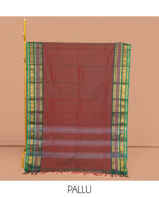 Maroon Plain Chettinad Cotton Saree, Complemented by a Contrast Traditional Zari Design Border, Pallu of Stripes, and Paired with a Matching Blouse