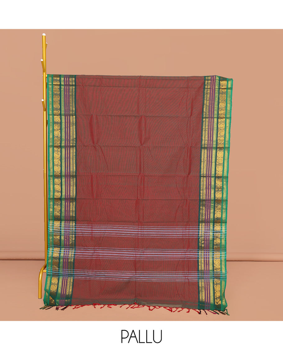 Maroon Plain Chettinad Cotton Saree, Complemented by a Contrast Traditional Zari Design Border, Pallu of Stripes, and Paired with a Matching Blouse