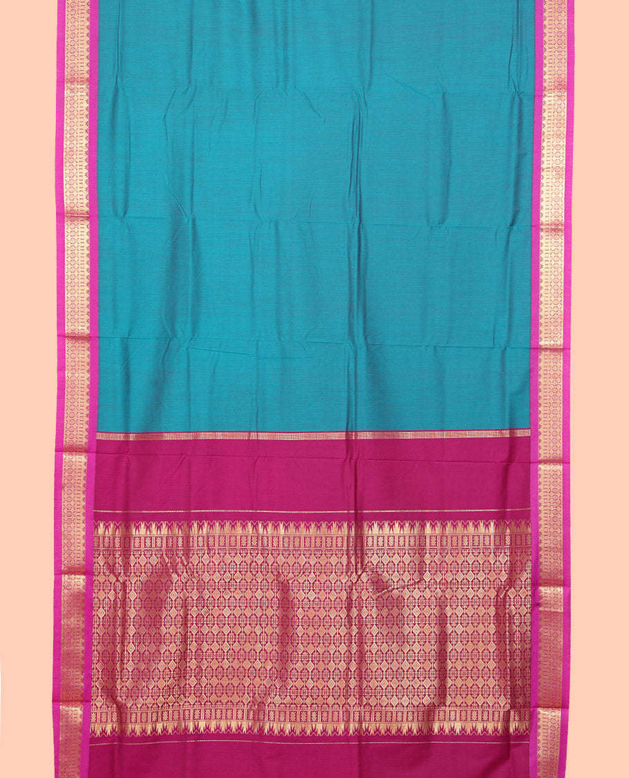 Peacock Blue Plain Nine Yard Cotton Saree, Complemented by Contrast Traditional Zari Design Border, Pallu of Traditional Designs, and Comes Without a Blouse