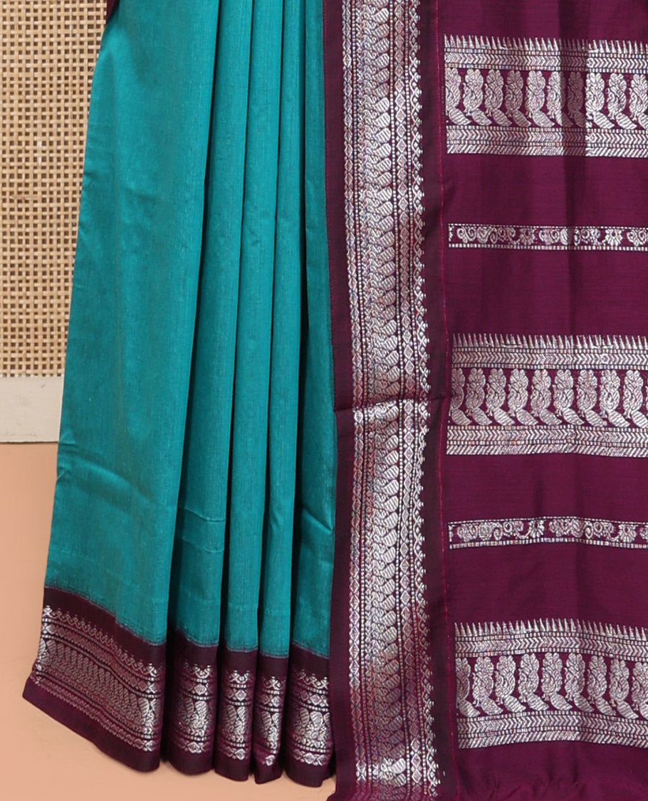Blue Kalyani Cotton Saree, Woven with Zari Buttas, Complemented by a Contrast Traditional Border, Traditional Pallu, and a Contrast Blouse