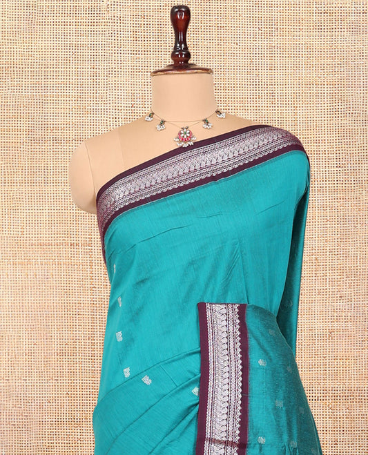 Blue Kalyani Cotton Saree, Woven with Zari Buttas, Complemented by a Contrast Traditional Border, Traditional Pallu, and a Contrast Blouse