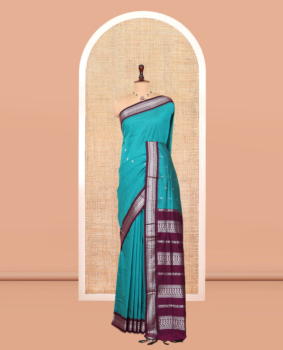 Blue Kalyani Cotton Saree, Woven with Zari Buttas, Complemented by a Contrast Traditional Border, Traditional Pallu, and a Contrast Blouse