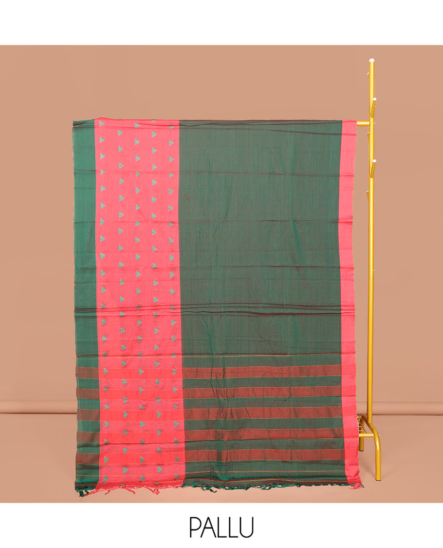 Green Plain Narayanpet Cotton Saree, Complemented by a Contrast Temple Border, Striped Pallu, and Comes Without a Blouse