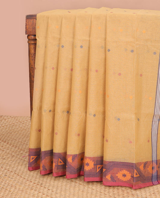 Sandal floral motifs bengal cotton saree with contrast floral design border & striped, floral design pallu