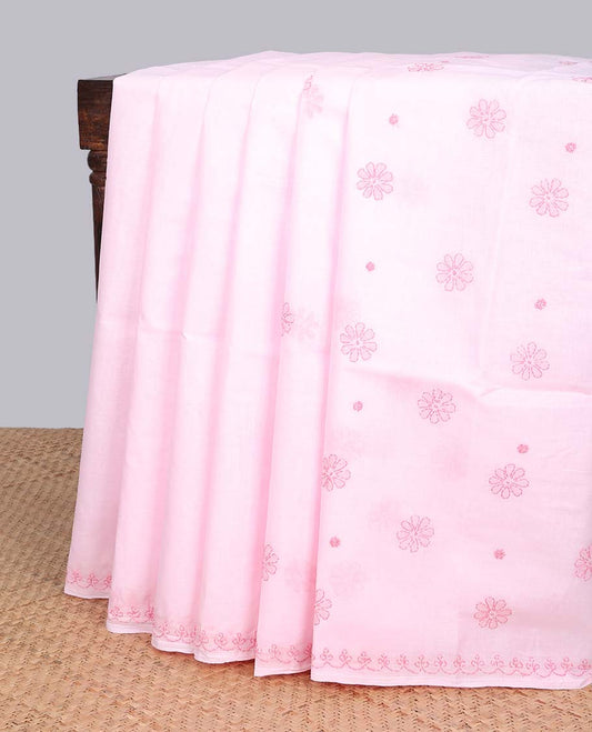 Pink floral embroidery lucknowi chikankari cotton saree,self scallop design border & pallu of floral embroidery