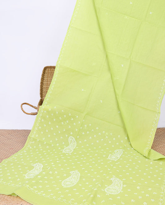 Green floral embroidery lucknowi chikankari cotton saree,self-border & pallu of floral & paisley embroidery
