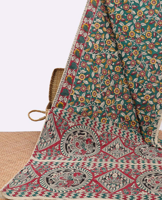 Green floral design printed kalamkari cotton saree with contrast floral border & intricate design pallu