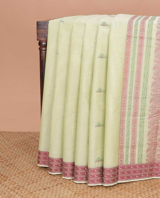 Mint green triangle design kanchi cotton saree with contrast floral design border & floral design pallu