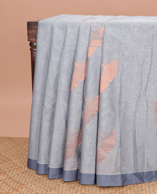 Grey floral design kanchi cotton saree with contrast border & floral zari design pallu