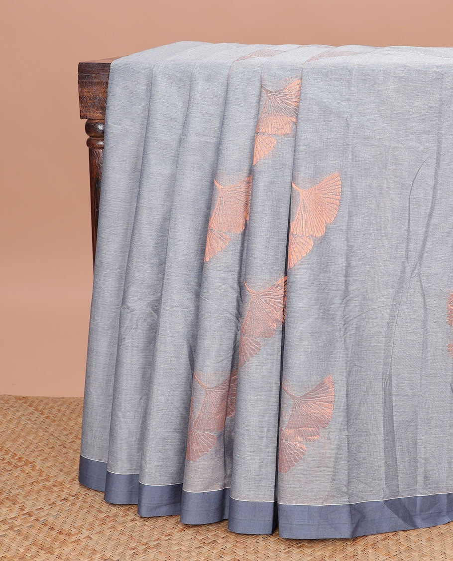 Grey floral design kanchi cotton saree with contrast border & floral zari design pallu
