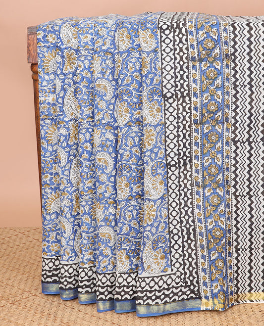 Blue floral design machine printed kalamkari cotton saree with contrast zari border & floral design pallu