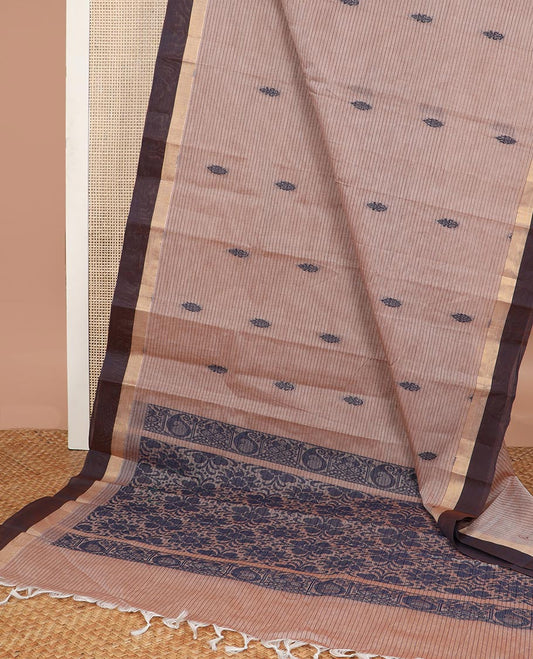 Brown striped, motifs kanchi cotton saree with contrast zari border & floral design pallu
