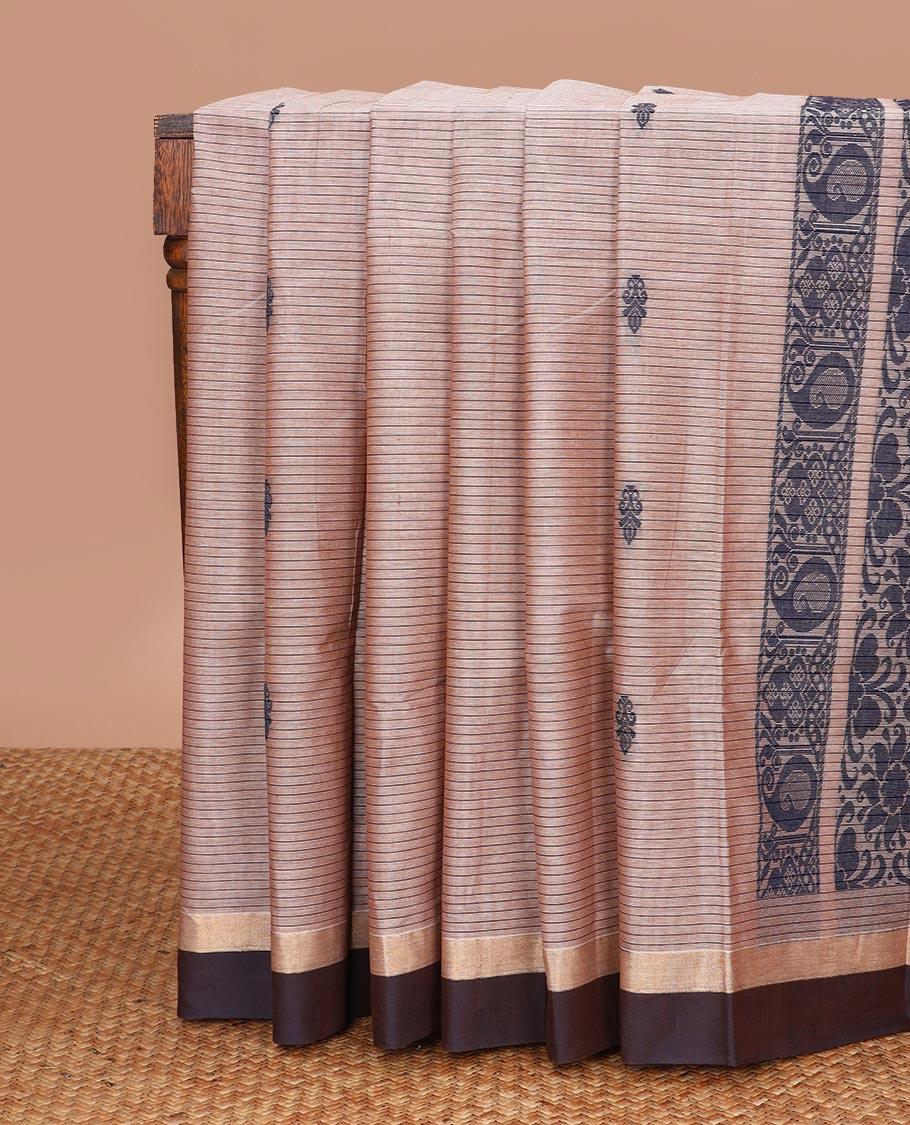 Brown striped, motifs kanchi cotton saree with contrast zari border & floral design pallu