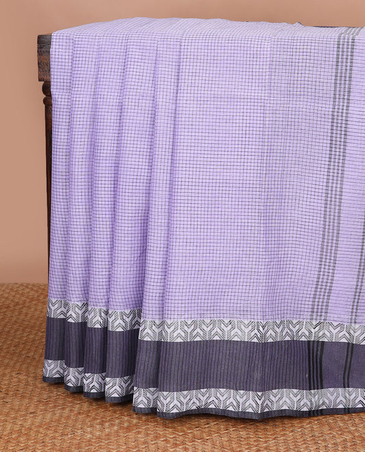 Purple checked bengal cotton saree with contrast geometric design border & checked pallu