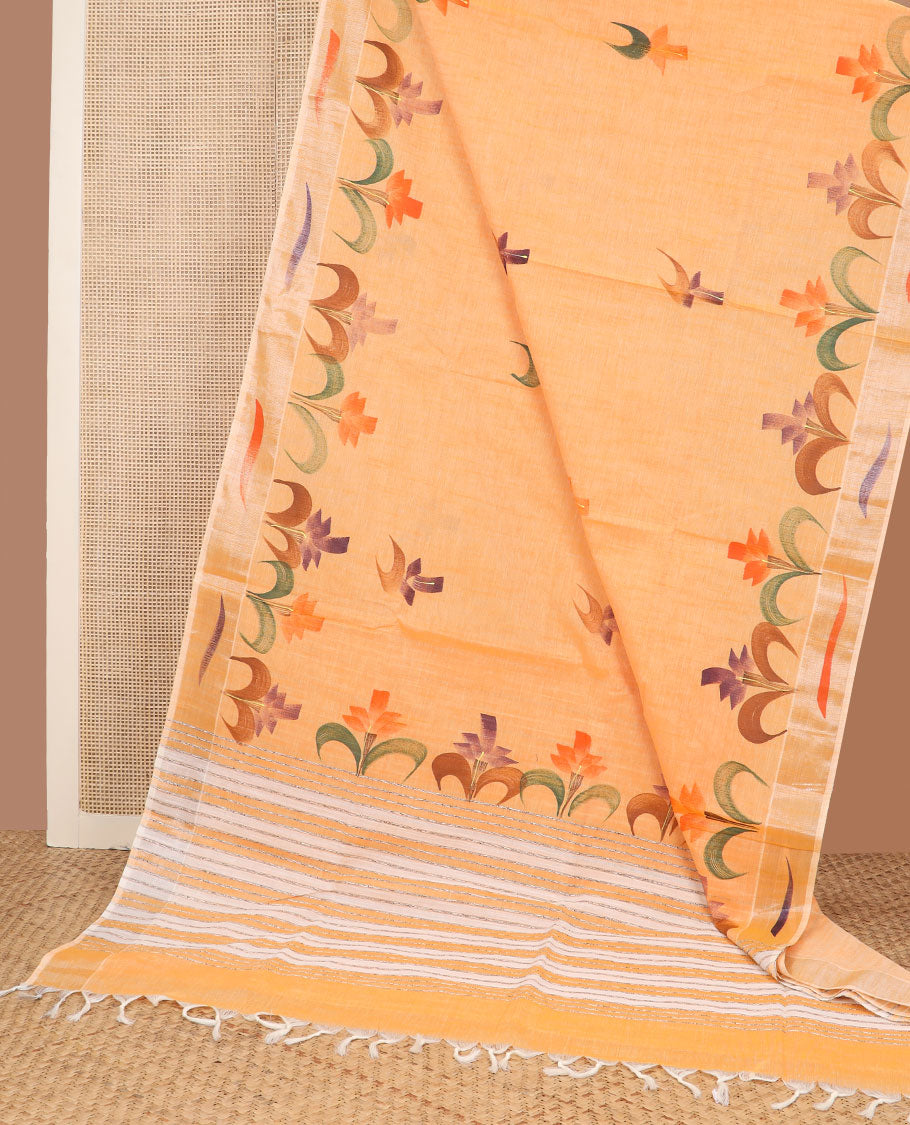 Orange hand-brushing-style floral printed jute cotton saree, zari & printed border & striped pallu