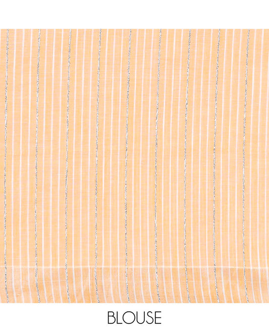 Orange hand-brushing-style floral printed jute cotton saree, zari & printed border & striped pallu