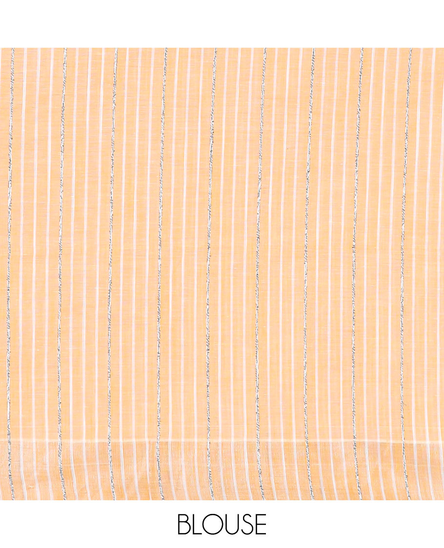 Orange hand-brushing-style floral printed jute cotton saree, zari & printed border & striped pallu
