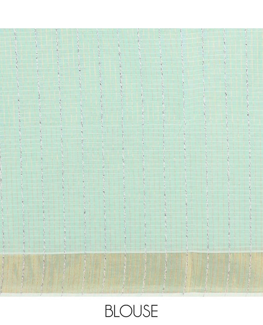 Pastel green striped jute cotton saree, zari border, and striped pallu