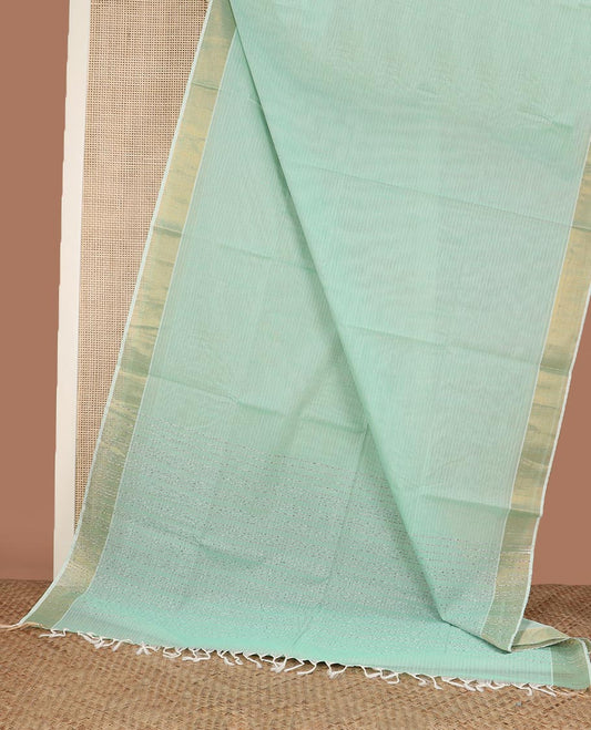 Pastel green striped jute cotton saree, zari border, and striped pallu