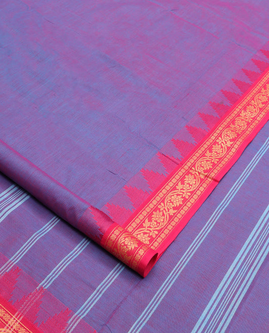 Violet dual-toned plain nine-yard cotton saree, contrast traditional temple border, and striped pallu