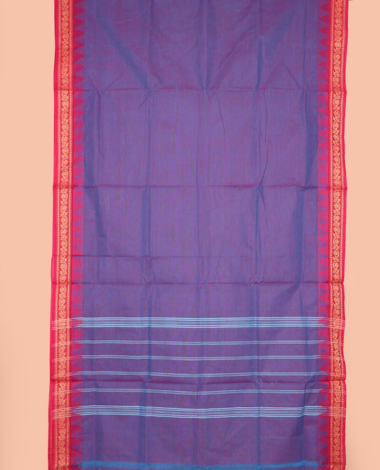Violet dual-toned plain nine-yard cotton saree, contrast traditional temple border, and striped pallu