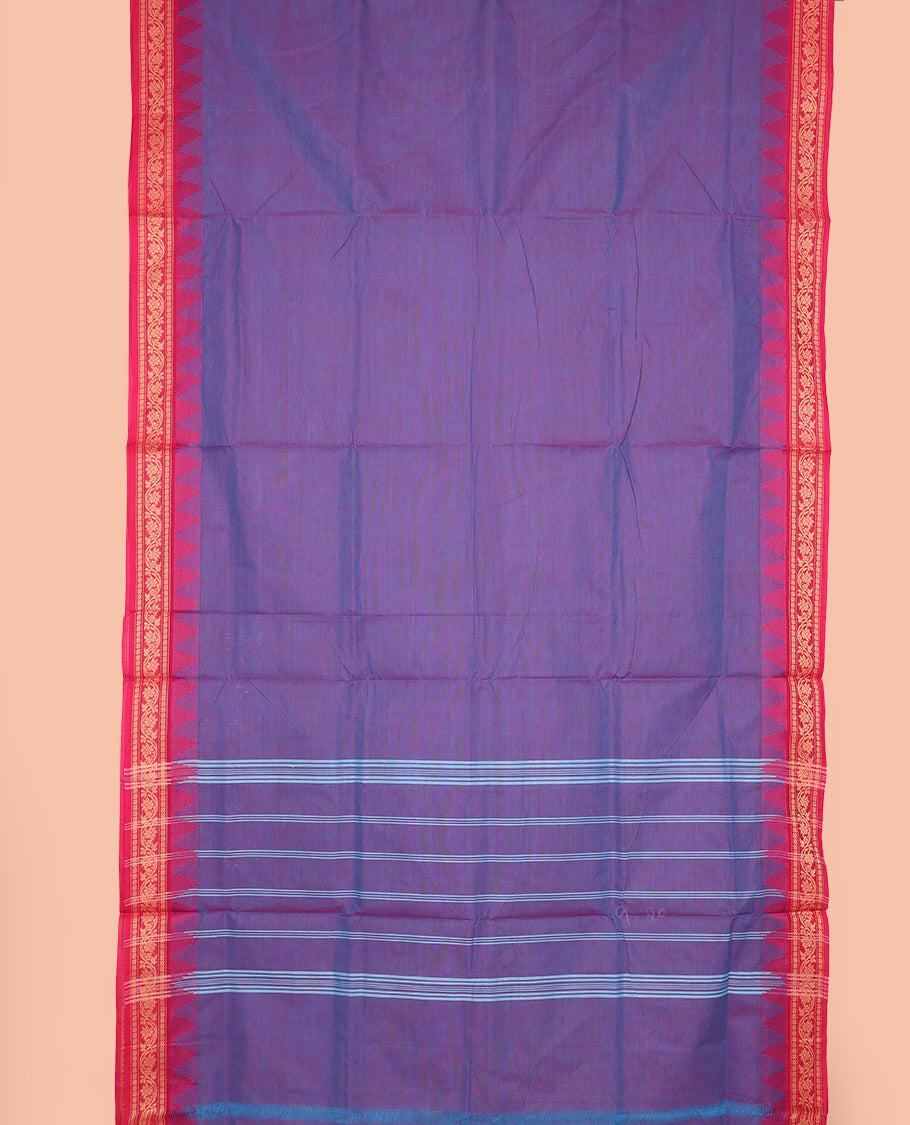 Violet dual-toned plain nine-yard cotton saree, contrast traditional temple border, and striped pallu